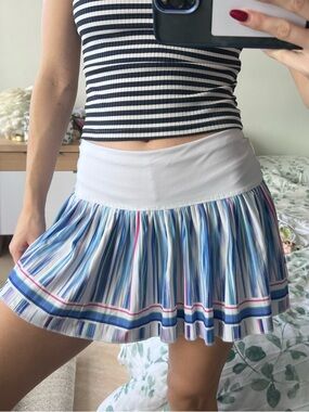 Lucky in Love White Waistband Blue Multi-Striped Skater Skirt